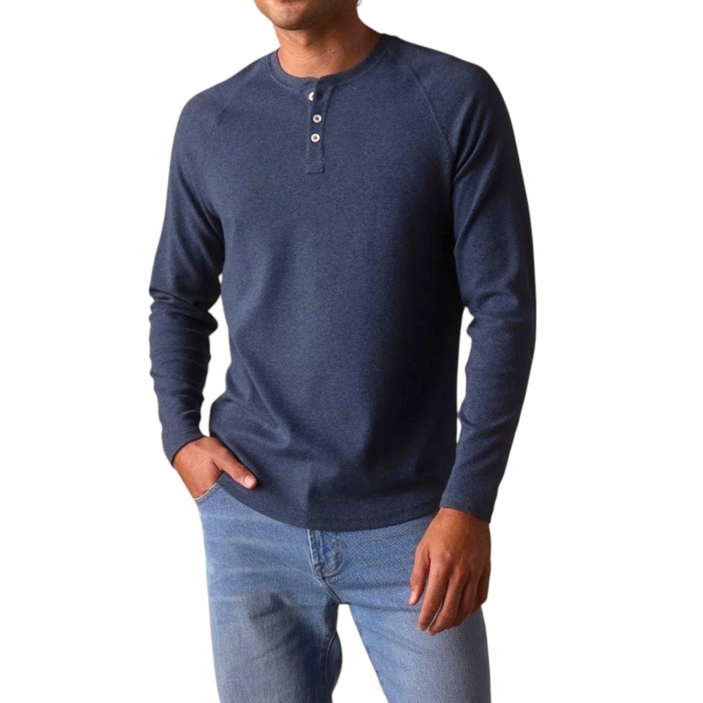 The Normal Brand Puremeso Everyday Henley Mens Large Blue Raglan Cotton‎ Blend